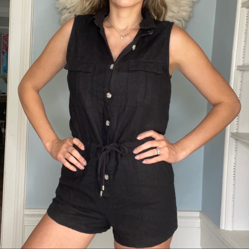Linen Black Button Up Sleeveless Utility summer Romper jumpsuit Medium